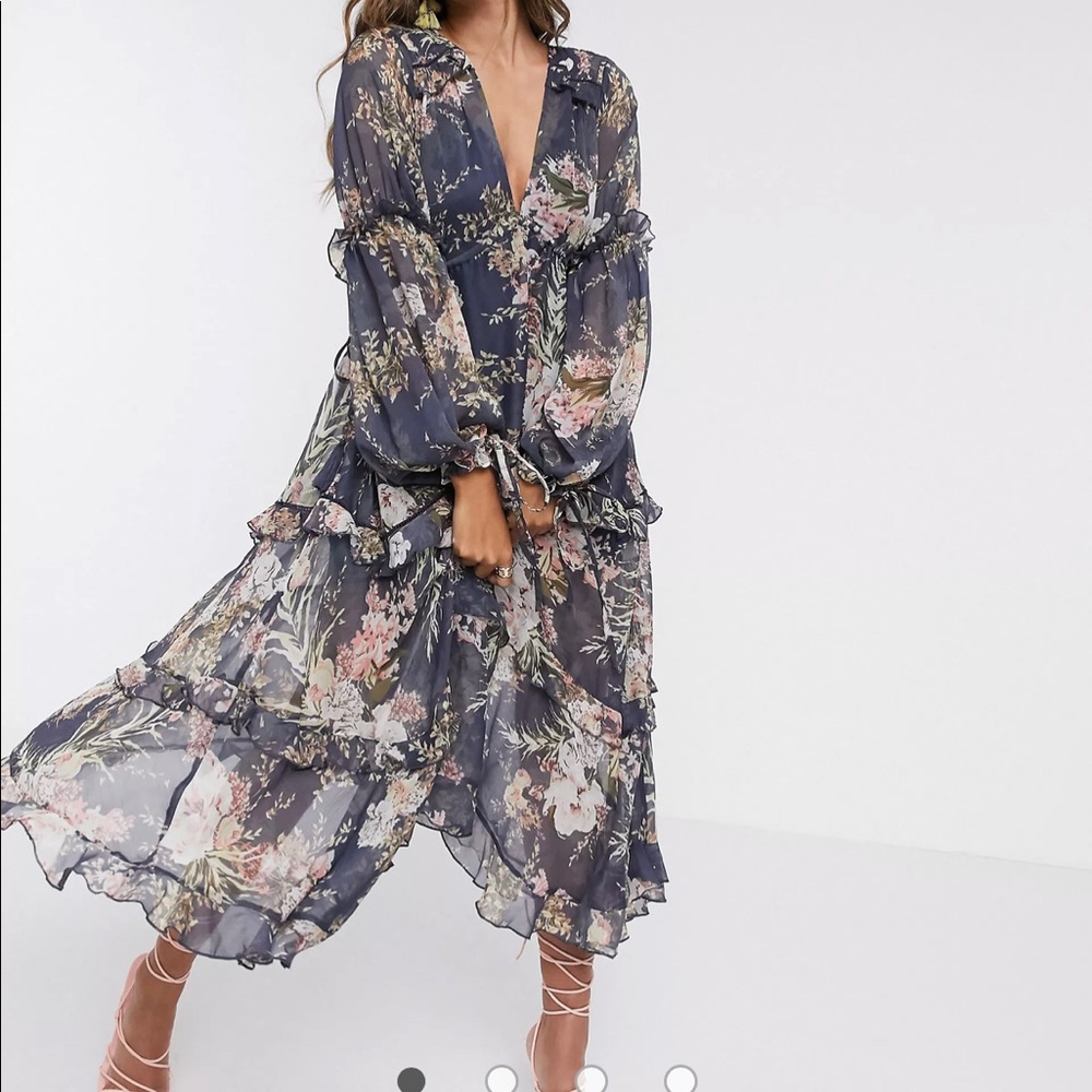 Pleated layered tiered midi dress in navy floral print with lace trim